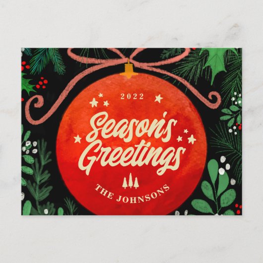 Modern Red Kerstbal Ornament Botanical Feestdagenkaart (Voorkant)