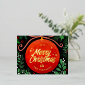 Modern Red Kerstbal Ornament Botanical Folie Feestdagen Briefkaart (Staand Voorkant)