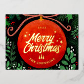 Modern Red Kerstbal Ornament Botanical Folie Feestdagen Briefkaart (Voorkant)