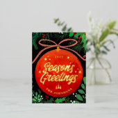 Modern Red Kerstbal Ornament Botanical Folie Feestdagen Briefkaart (Staand Voorkant)