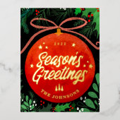 Modern Red Kerstbal Ornament Botanical Folie Feestdagen Briefkaart (Voorkant)