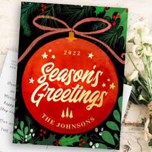 Modern Red Kerstbal Ornament Botanical Folie Feestdagen Briefkaart