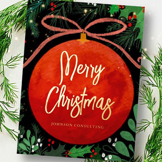 Modern Red Kerstbal Ornament Botanical Folie Feestdagen Briefkaart