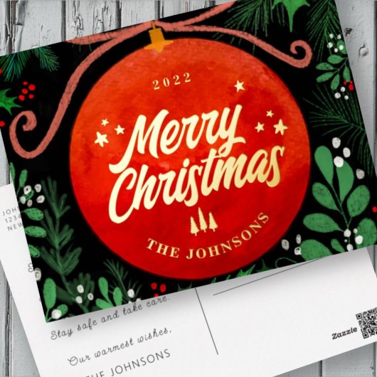 Modern Red Kerstbal Ornament Botanical Folie Feestdagen Briefkaart