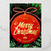 Modern Red Kerstbal Ornament Botanical Folie Feestdagenkaart (Voorkant)