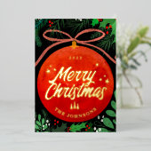 Modern Red Kerstbal Ornament Botanical Folie Feestdagenkaart (Staand Voorkant)