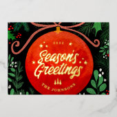 Modern Red Kerstbal Ornament Botanical Folie Feestdagenkaart (Voorkant)