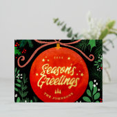 Modern Red Kerstbal Ornament Botanical Folie Feestdagenkaart (Staand Voorkant)