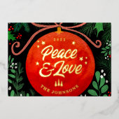 Modern Red Kerstbal Ornament Botanical Folie Feestdagenkaart (Voorkant)