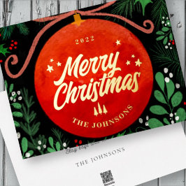 Modern Red Kerstbal Ornament Botanical Folie Feestdagenkaart