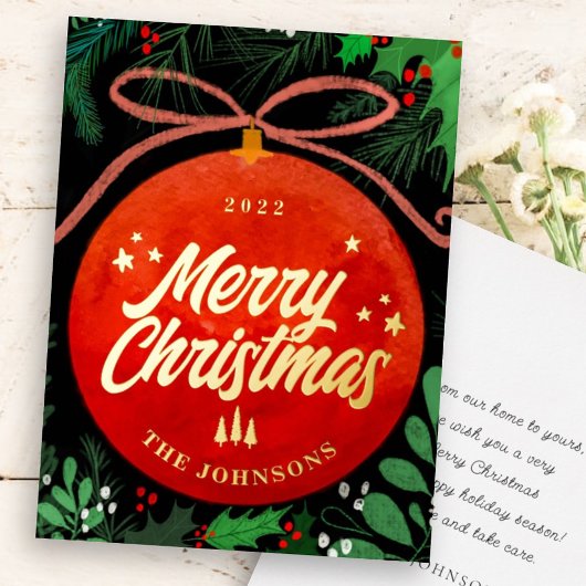 Modern Red Kerstbal Ornament Botanical Folie Feestdagenkaart