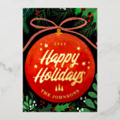 Modern Red Kerstbal Ornament Botanical Folie Feestdagenkaart (Voorkant)