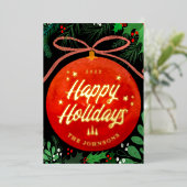 Modern Red Kerstbal Ornament Botanical Folie Feestdagenkaart (Staand Voorkant)