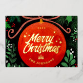 Modern Red Kerstbal Ornament Botanical Folie Feestdagenkaart (Voorkant)