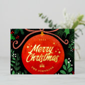 Modern Red Kerstbal Ornament Botanical Folie Feestdagenkaart (Staand Voorkant)