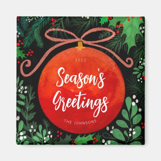 Modern Red Kerstbal Ornament Botanical Magneet (Voorkant)