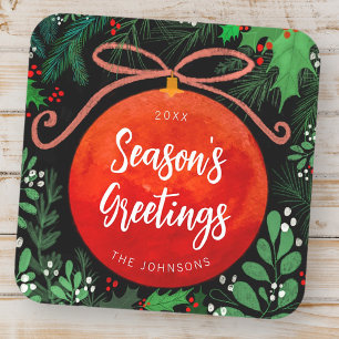 Modern Red Kerstbal Ornament Botanical Vierkante Sticker