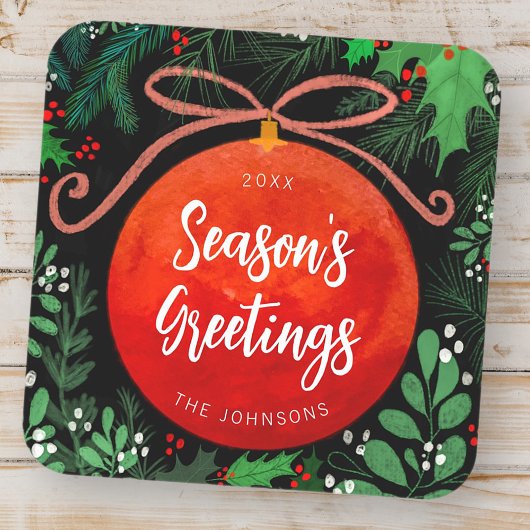 Modern Red Kerstbal Ornament Botanical Vierkante Sticker