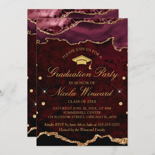 Modern Red Marble Agate Graduation Party Kaart (Voorkant / Achterkant)