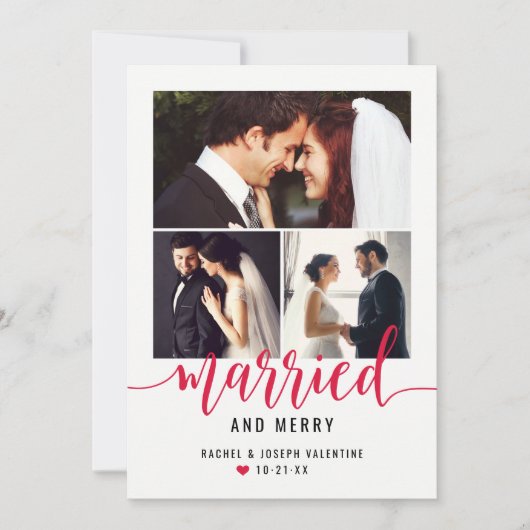 Modern Red Married en Merry Wedding Photo Collage Feestdagenkaart (Voorkant)