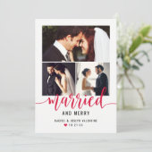 Modern Red Married en Merry Wedding Photo Collage Feestdagenkaart (Staand voorkant)