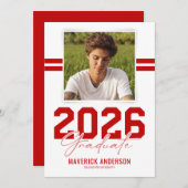 Modern Red Masculine Photo Graduation Aankondiging (Voorkant / Achterkant)