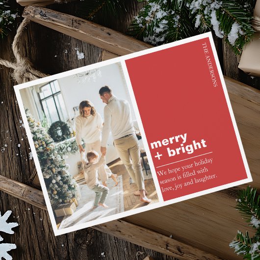 Modern Red Merry + Bright Christmas Photo Briefkaart