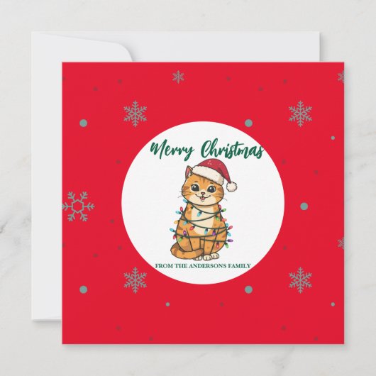 modern red merry cat snowflake christmas kitten Ca Feestdagenkaart (Voorkant)