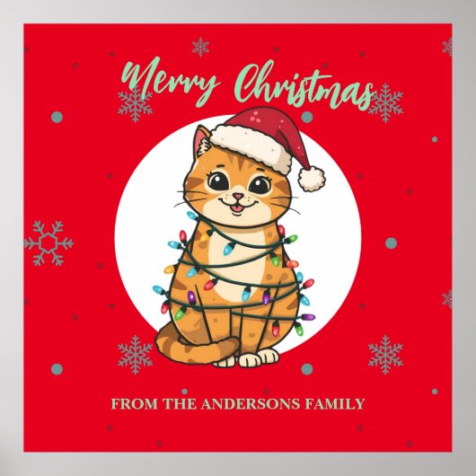Modern red merry cat snowflake Christmas kitten Poster (Voorkant)