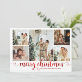 Modern Red Merry Christmas Heart Script 5 Foto Feestdagenkaart (Staand voorkant)