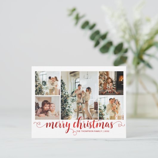 Modern Red Merry Christmas Heart Script 5 Foto Feestdagenkaart (Staand voorkant)