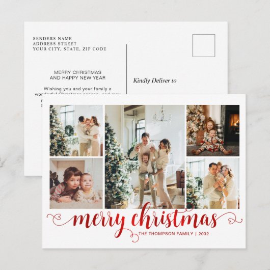 Modern Red Merry Christmas Heart Script 5 Foto Feestdagenkaart (Voorkant / Achterkant)