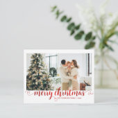 Modern Red Merry Christmas Heart Script Photo Feestdagenkaart (Staand voorkant)
