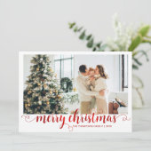 Modern Red Merry Christmas Heart Script Photo Feestdagenkaart (Staand voorkant)