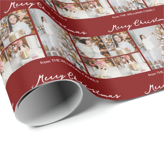 Modern Red Merry Christmas Photo Collage Cadeaupapier (Rol Hoek)