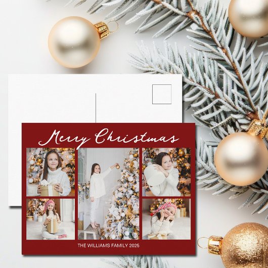 Modern Red Merry Christmas Photo Collage Feestdagenkaart