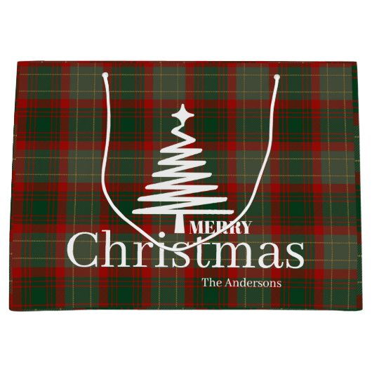 Modern Red Merry kerstboom script tartan rood Groot Cadeauzakje (Voorkant)