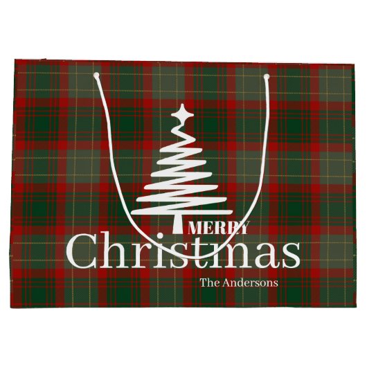 Modern Red Merry kerstboom script tartan rood Groot Cadeauzakje (Achterkant)