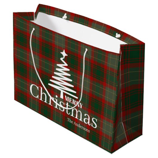 Modern Red Merry kerstboom script tartan rood Groot Cadeauzakje (Achterkant Gekanteld)