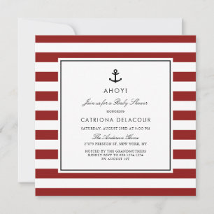 Modern Red Nautical Stripes Baby shower Invitation Kaart