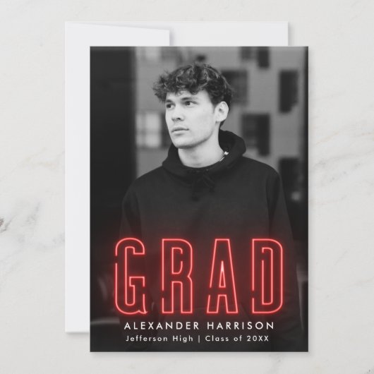 Modern Red Neon Vertical Photo Afstuderen Aankondiging (Voorkant)