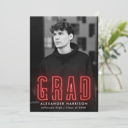 Modern Red Neon Vertical Photo Afstuderen Aankondiging (Staand voorkant)