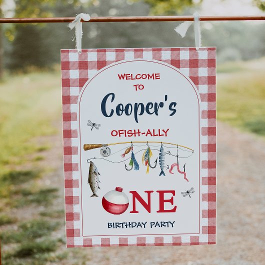 Modern Red Ofishally One 1st Birthday Welcome Sign Foto Afdruk