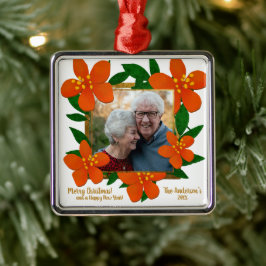 Modern Red Oranje Gold Floral Foto met Kerstmis Metalen Ornament