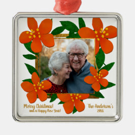 Modern Red Oranje Gold Floral Foto met Kerstmis Metalen Ornament