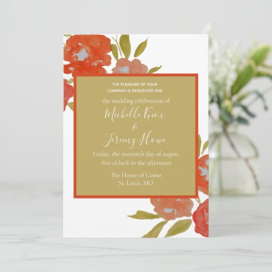 Modern Red Oranje Gold Floral Weddenschap Kaart (Staand voorkant)