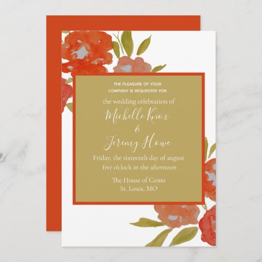Modern Red Oranje Gold Floral Weddenschap Kaart (Voorkant / Achterkant)