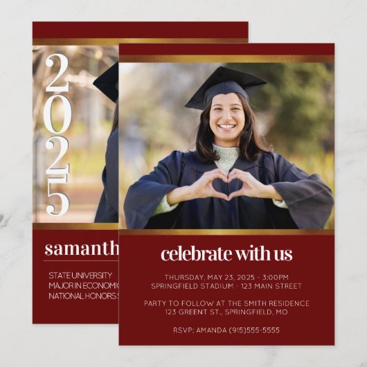 Modern Red Photo Afstuderen Kaart (Voorkant / Achterkant)