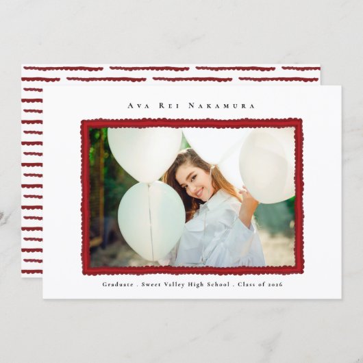 Modern Red Photo Frame Graduation Class of 2026 Aankondiging (Voorkant / Achterkant)