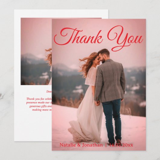 Modern Red  Photo Wedding Thank You Card W Note Bedankkaart (Voorkant / Achterkant)